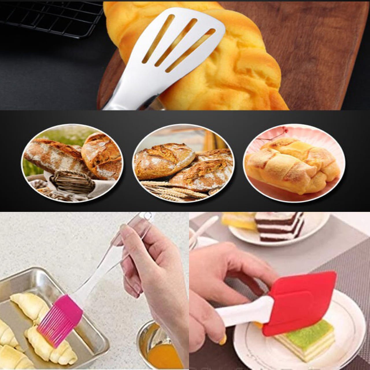Kitchen Set Silicone Spatula & BBQ Brush With Stainless Steel Frying Tong (Deal 2)