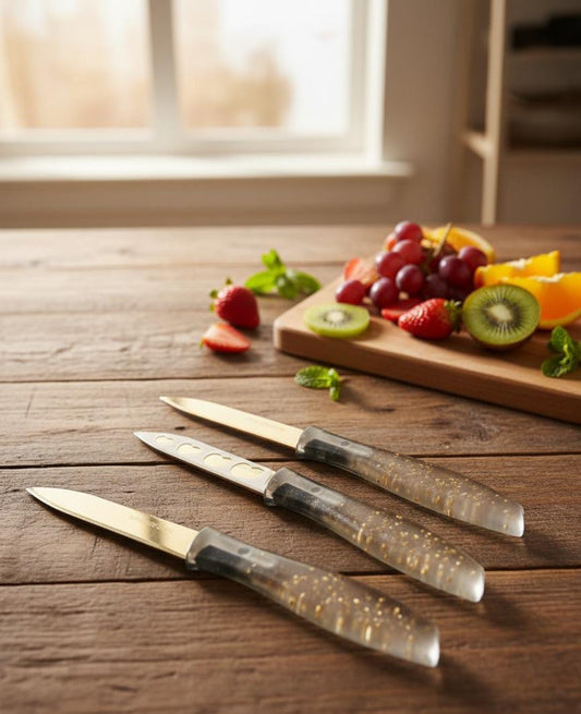 Pack of 3 Stainless Steel Gold color Knife and Safety cover with acrylic Handpiece