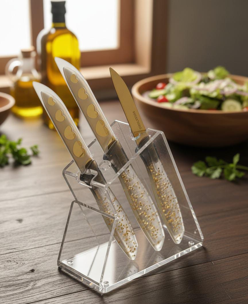 Pack of 3 Stainless Steel Gold color Knife and Safety cover with acrylic Handpiece