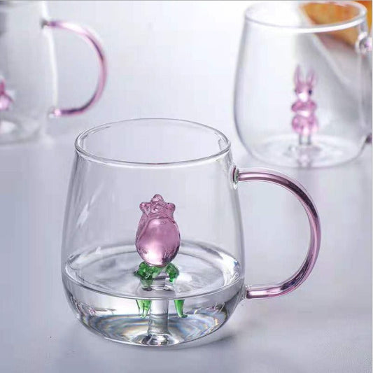 3D Rose Glass Cup With Handle
