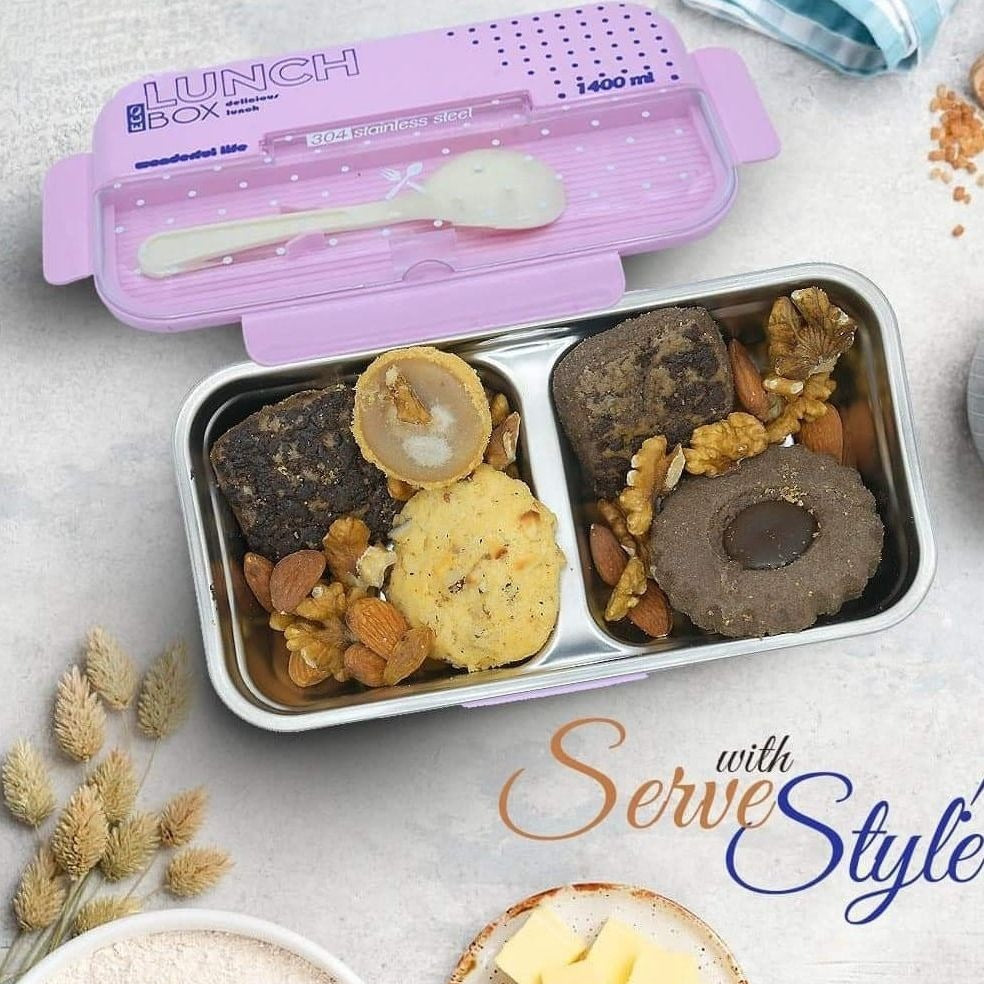 2 Portion Stainless Steel Lunch Box With Spoon