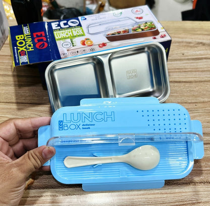 2 Portion Stainless Steel Lunch Box With Spoon