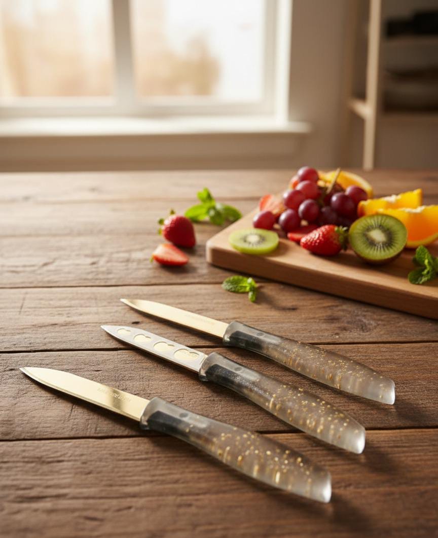 Pack of 3 Stainless Steel Gold color Knife and Safety cover  with acrylic Handpiece