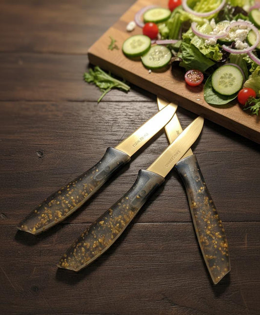 Pack of 3 Stainless Steel Gold color Knife and Safety cover  with acrylic Handpiece