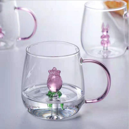 3D Rose Glass Cup With Handle