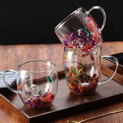 Real flower double-layer glass cup