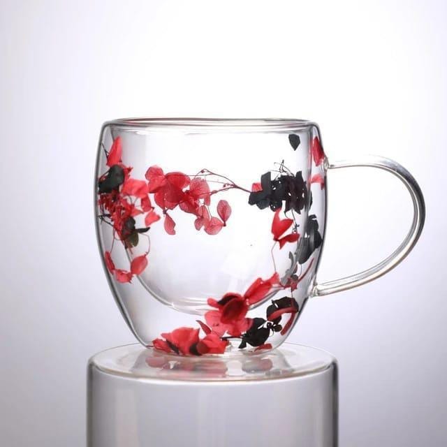 Real flower double-layer glass cup