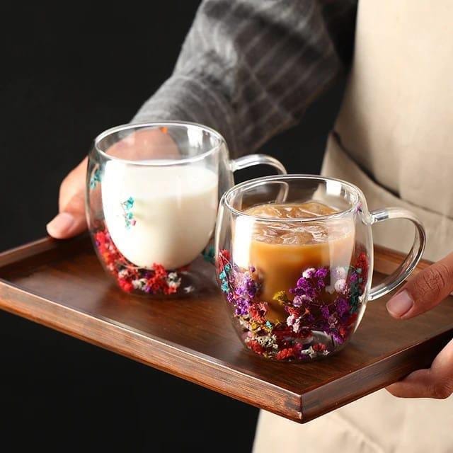 Real flower double-layer glass cup