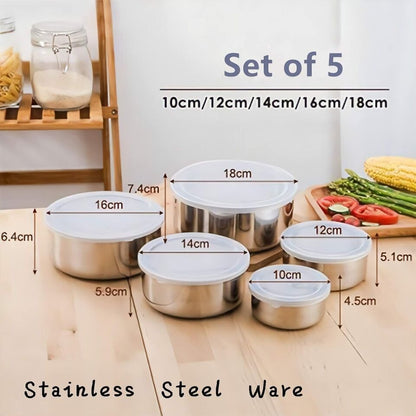 Set of 5 Stainless Steel Food Storage Containers With Lids
