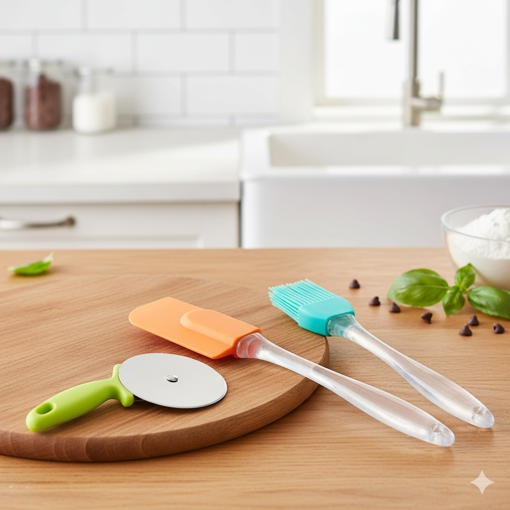 Kitchen Set Series   Silicone Spatula & BBQ Brush With Stainless Steel Pizza Cutter (Deal 1)